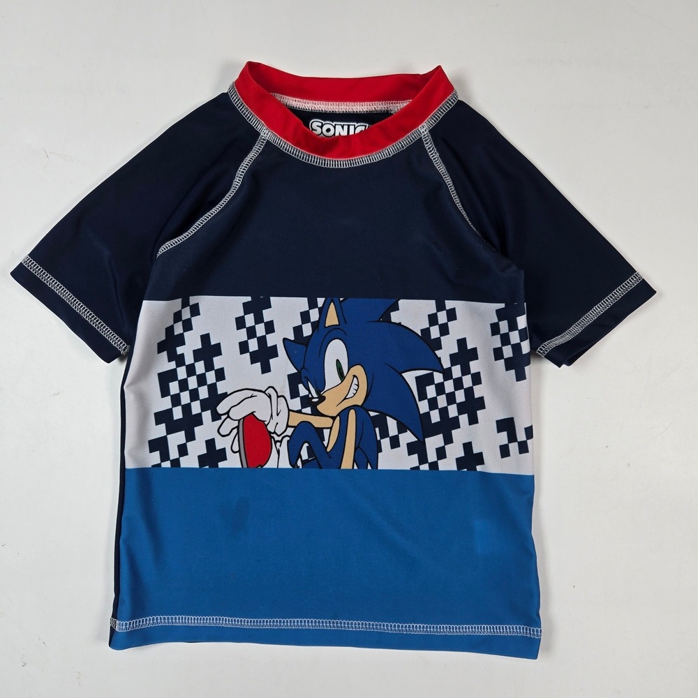 Sonic The Hedgehog Rash Guard Kids XS Blue Navy Red Short Sleeve Swim Shirt SEGA